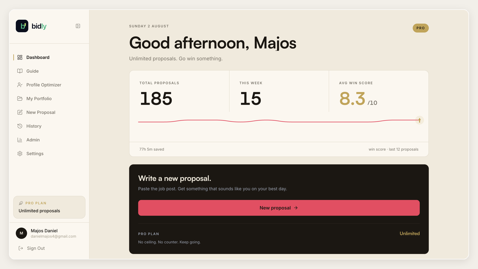 Bidly app — sidebar and main workspace